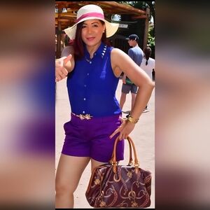 Iris Los Angeles Blue Purple Sheer Gem Embellished Sleeveless Button Up Top Sz M